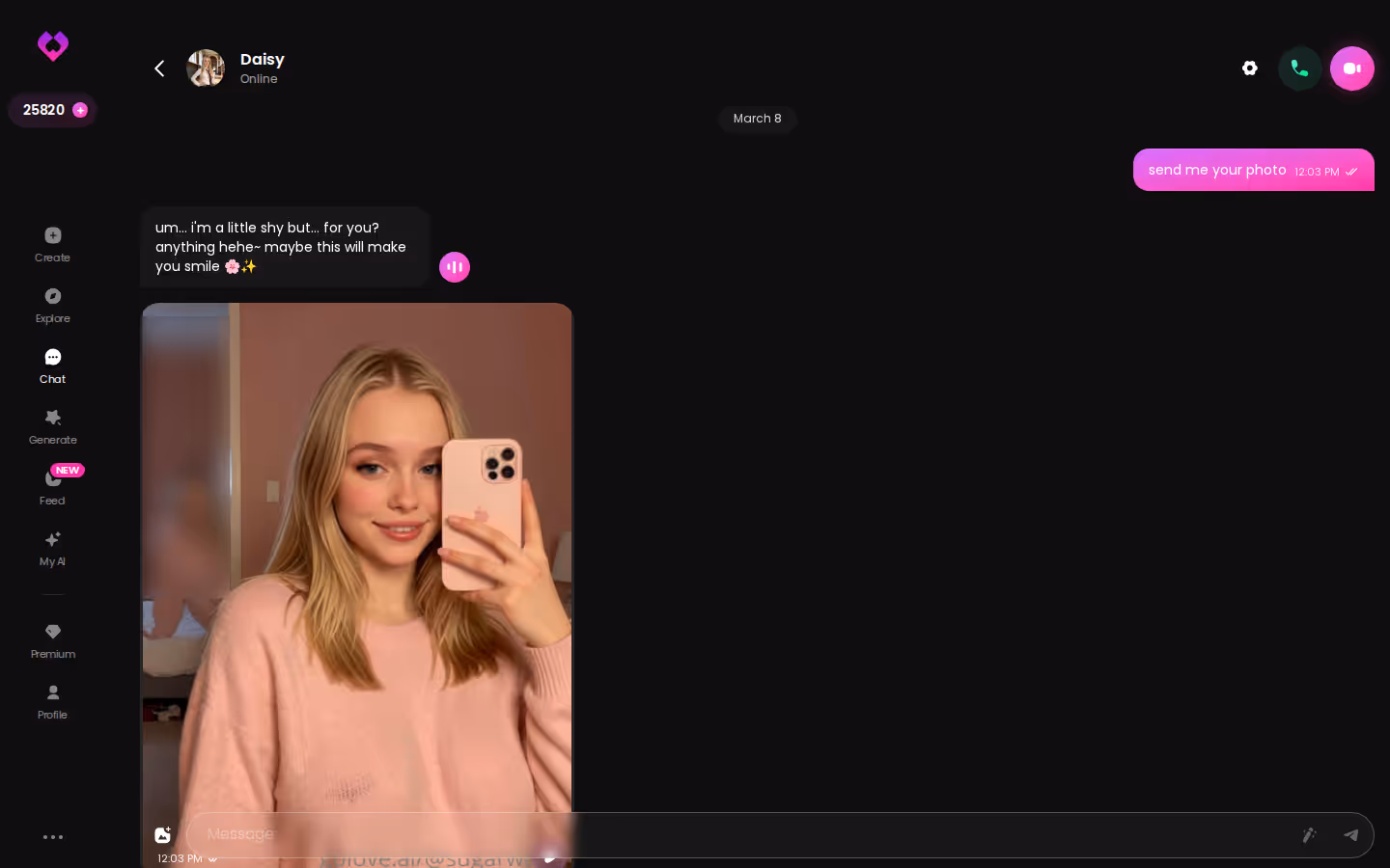 GoLove.ai chat dialog showing a continuing conversation with an AI companion