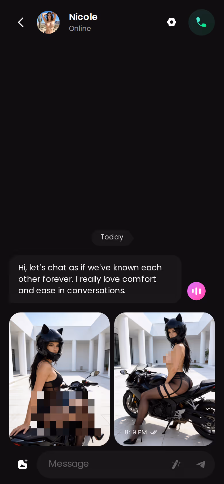 GoLove chat thread on mobile showing voice and photo replies inside one conversation