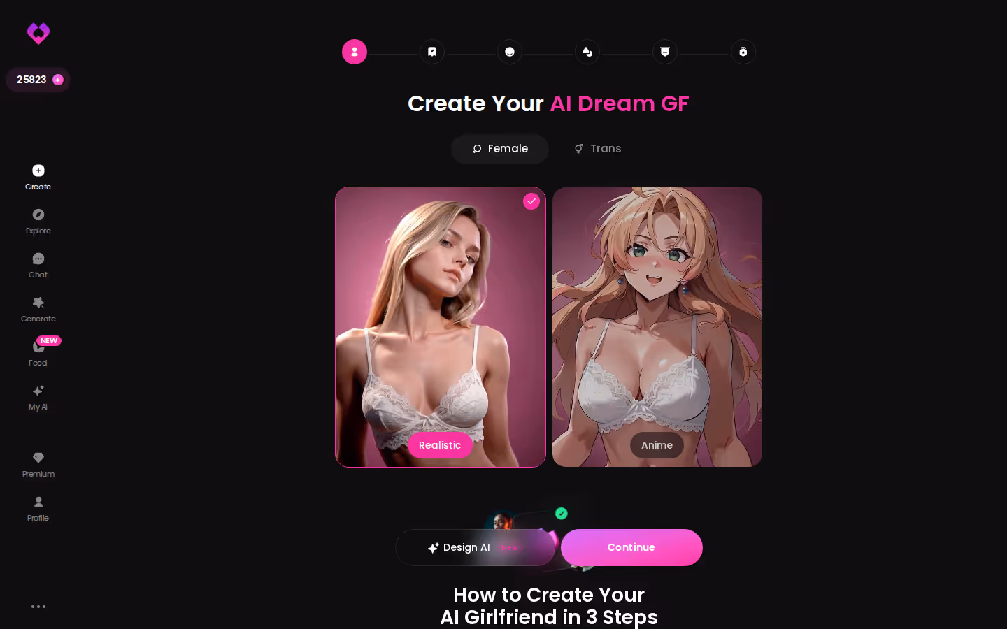 GoLove Create wizard start screen with Realistic, Anime, Trans and Design with AI options