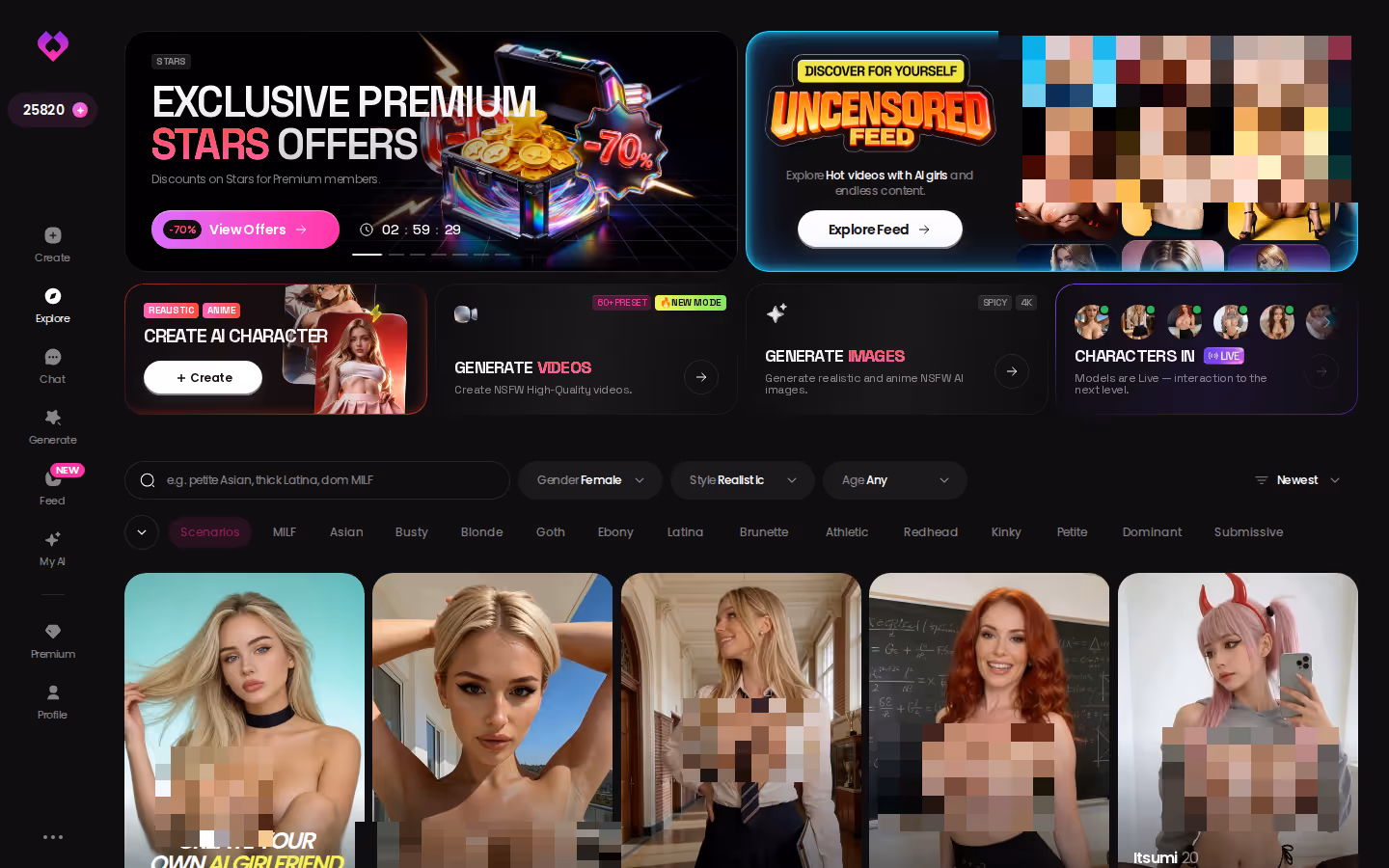 GoLove.ai Explore page showing realistic AI companion characters on desktop