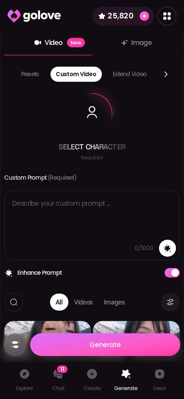 GoLove mobile video generator with custom action, clothes and background presets