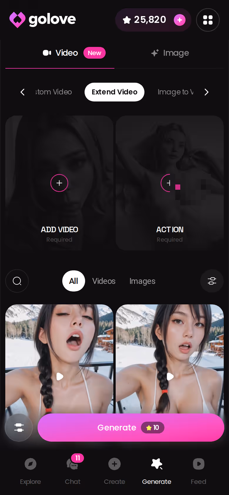 GoLove.ai mobile video generator showing the Extend Video option