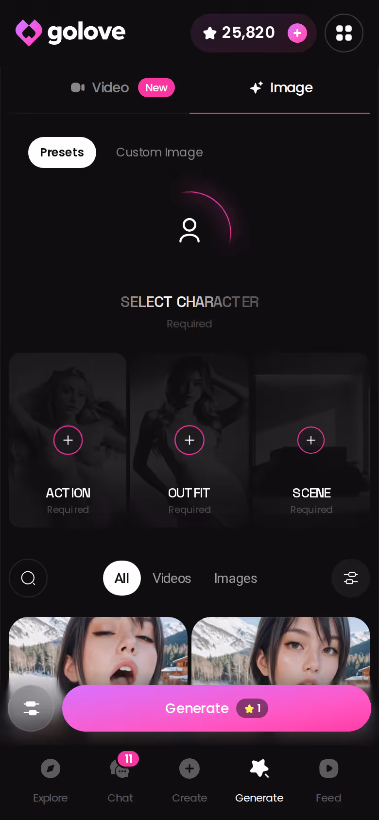GoLove.ai image generator in mobile image mode